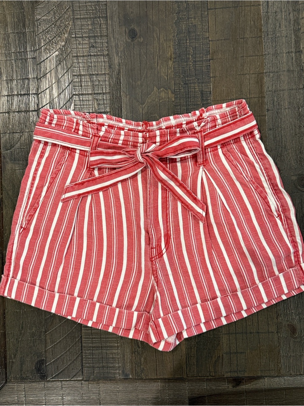 American Eagle Red & White Stripe Linen Blend Paper Bag Top Style Cuffed Tie